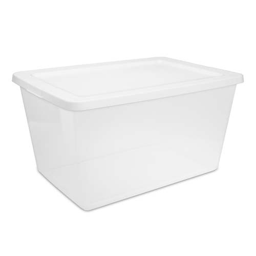 Sterilite 58 Quart Medium Storage Bin, Clear Plastic Storage Container with Snap-On Lid, White