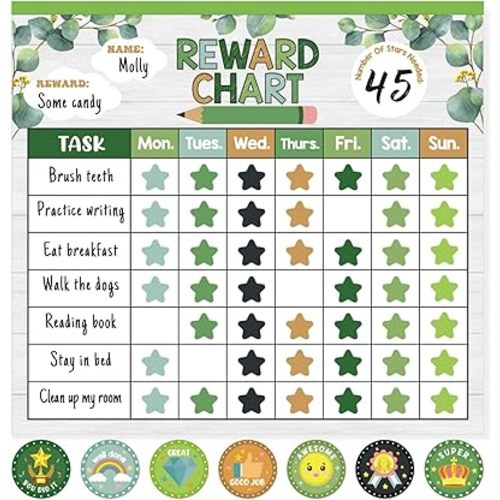Reward Chart for Kids,Magnetic Behavior Chore Chart for Kids at Home,26 Eucalyptus Chore Charts,1960 Star Stickers,56 Reward Stickers,Incentive Chart to Develop Responsibility and Good Habits,Greenery