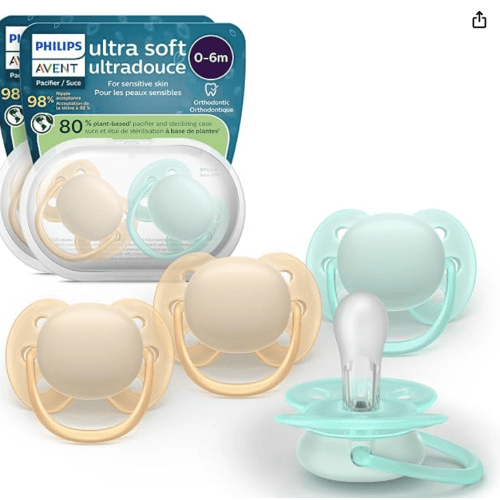 Philips Avent Ultra Soft Pacifiers - Orthodontic Design, for Babies 0-6 Months, Flexible Shield, Silicone Symmetrical Nipple, BPA-Free, 2 Sterilizing Cases, 4 Pack, SCF091/48