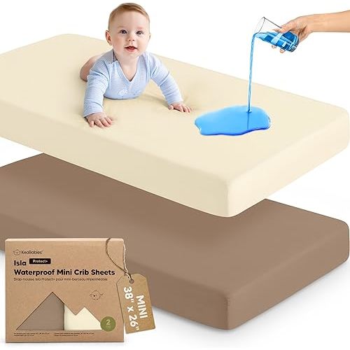 2-Pack Waterproof Pack and Play Sheets, Mini Crib Sheets Fitted for Boy, Girl - 38 x 26 Viscose from Bamboo Pack N Play Mattress Sheets for Graco, Toddler Playard Baby Crib Sheets Neutral (Latte)