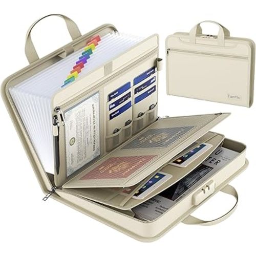 5200℉ Fireproof Accordion File Organizer with Lock, Thickened Document Organizer 13 Pocket with Zipper & Labels, Important Document Organizer, Expanding File Folder with Handle for Letter A4 (Beige)