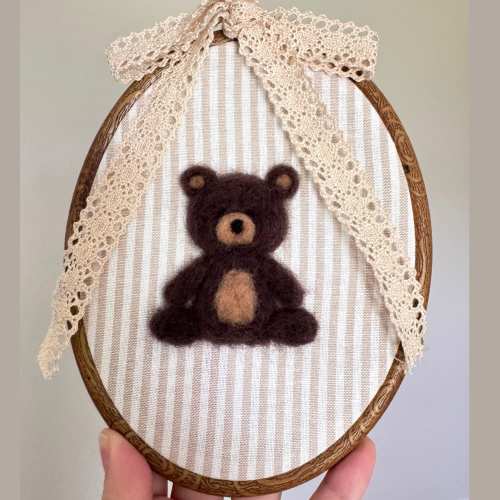Felted Teddy Bear Wall Art – Wool Animal Embroidery Hoop, Baby Nursery Decor