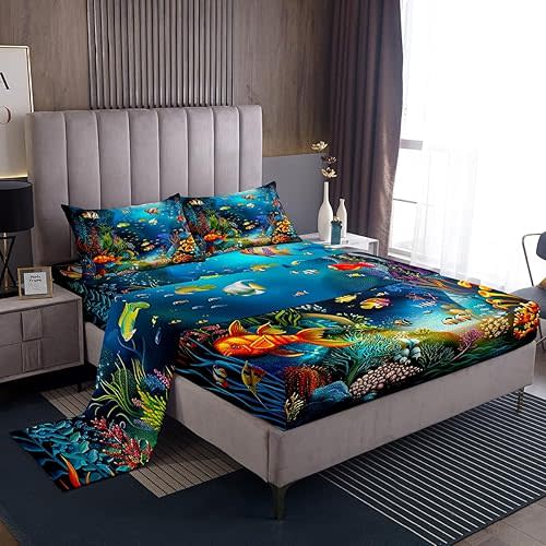 Kids Sheet Set Twin Cartoon Ocean Fish Bed Sheets Ocean Marine Theme Bedding Set for Boys Girls Soft and Cozy Sea Underwater World Sheets Set with Sealife Deep Pocket Fitted Sheet,Vibrant
