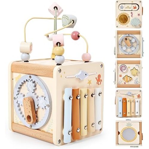 Wooden Activity Cube, 6-in-1 Montessori Toy for 1 2 3 Year Old