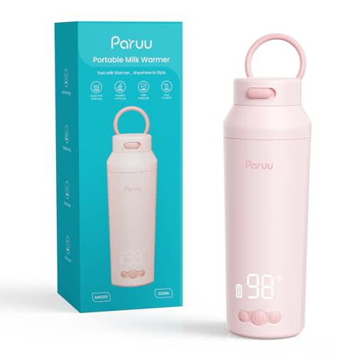Paruu Portable Bottle Warmer for Travel, Easy-Clean Wide Mouth, Portable Milk Warmer with Fast Heating for Night Feeding, 7-Temp Control, Large 12oz Capacity, Ideal Gifts for New Parents, Pink