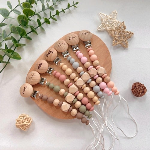 Personalized Engraved Pacifier Clip Chain, Custom Name Soother Holder, Silicone Beads, Cute Newborn Gift, Baby Shower Essential Gift