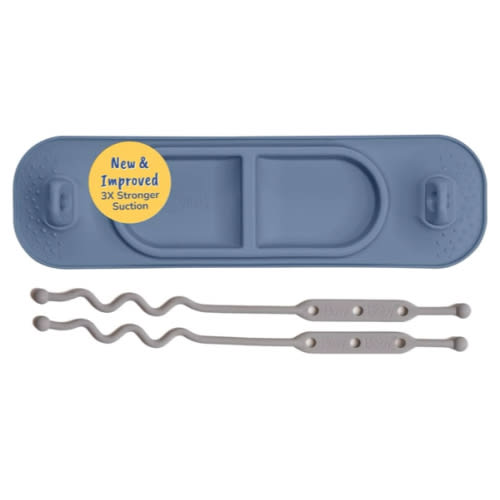 BUSY BABY Silicone Mini Mat - New and Improved Suction Cups, 2 Straps to Secure Baby Essentials, Self Feeding, Baby Led Weaning, Travel Wet Bag Included (Pewter Mini)