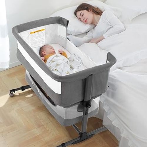 Ihoming Bassinet Bedside Sleeper for Baby, 3 in 1 Convertible Design, lnfant Bed Side Sleeper & Cradle Bassinets, Newborn Bedside Crib Attaches to Bed, Deep Grey