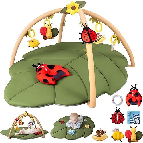 Baby Play Mat,Oversize Leaf Shaped Tummy Time Mat with 7 Detachable Toys-Activity Gym for Visual,Auditory & Motor Development-Washable Baby Activity Mat for 0-18 Month Infants