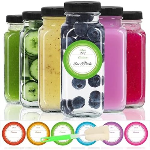 STARSIDE 8oz 6-Pack Glass Juice Bottles with Leak-proof Lids