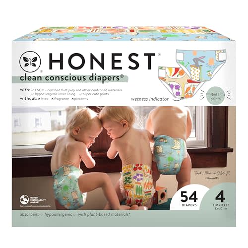The Honest Company Clean Conscious Diapers for Sensitive Skin | Hypoallergenic, Fragrance Free | Spring '25 Limited Edition Prints | Club Box, Size 4 (22-37 lbs), 54 Count