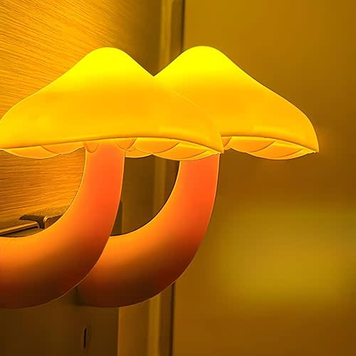 ESUPPORT 2 Pack Mushroom-Shaped Energy Saving Sensor LED Night Light with Plug Yellow(Average Life Expectancy 50000h) Yellow