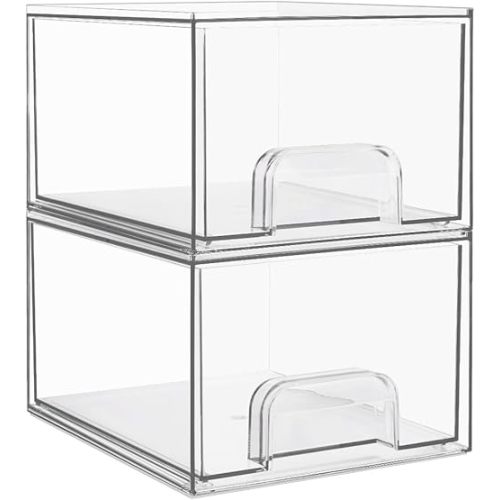 Vtopmart 2 Pack Small Clear Stackable Storage Drawers,Acrylic Bathroom Makeup Organizer,Plastic Storage Bins For Vanity, Undersink, Kitchen Cabinets, Pantry, Home Organization