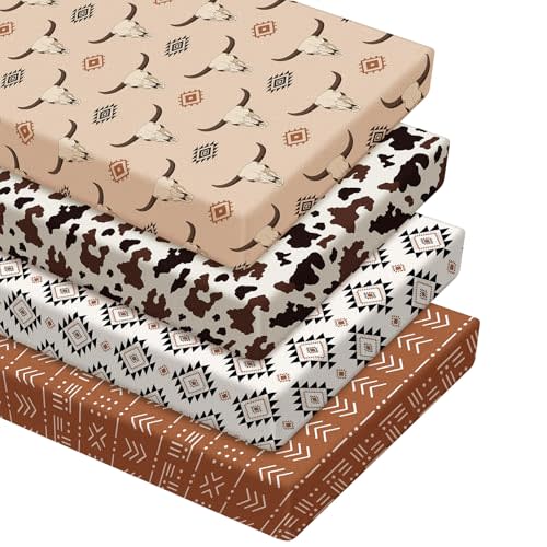 VitalCozy 4 Pcs Aztec Western Crib Sheet Set Newborn Bedding Nursery Baby Sheets for Girl Boys Baby Gifts for Standard Crib and Toddler Mattresses, 52 x 28 x 8 Inches