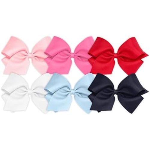 Wee Ones Girls' 6 Piece Set of Bows, Solid Grosgrain Variety Pack on a WeeStay No-Slip Hair Clip, King, White, Millennium Blue, Navy, Light Pink, Hot Pink, Red