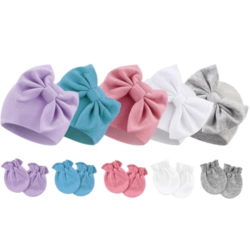 Newborn Baby Hats and Mittens Set Infant Bow Beanie Cap Toddler Gloves Newborn Hospital Hats for Baby Boy Girl 0-6 Months