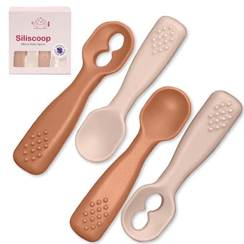 Silicone Baby Spoon Set | Baby Spoons Self Feeding 6 Months | BPA Free Baby Led Weaning Spoons Stage 1 & 2 for Kids 6+ Months | Silicone Baby Feeding Spoon Set - 4 Spoons, Sunrise/French Beige