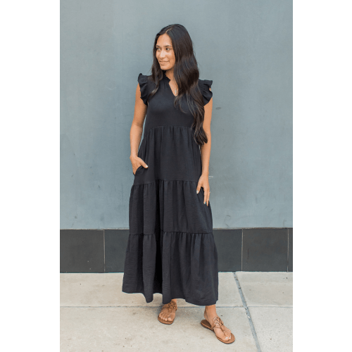 Tiered Nursing Midi Dress With Ruffle Sleeves - Black – Nursing Queen