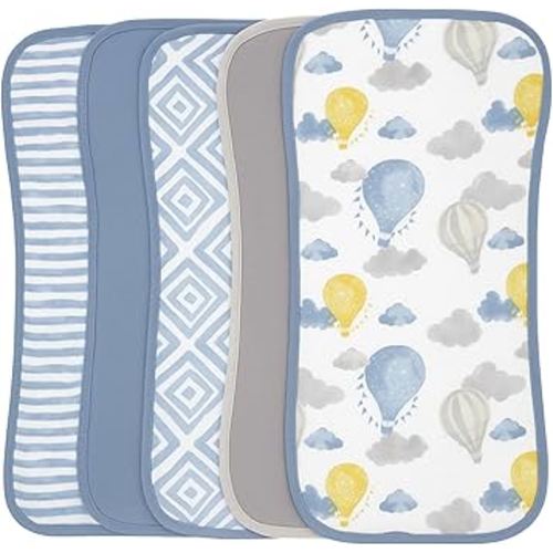 Featherhead™ 5-Pack Muslin Burp Cloths for Baby Boy Large 22" X 11" - Ultra Soft & Extra Absorbent Cotton Terry Backing (Blue Balloons)