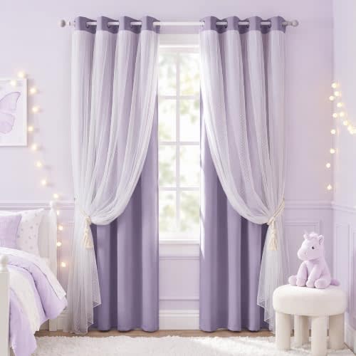 MYSKY HOME Purple Curtains for Girls Bedroom,Lilac Lavender 52x84,2 Panels | Curtains with Polka Dots Sheer Overlay, Grommet Tops,Double Layer,Room Darkening for Nursery Kids Bedroom Living Room Decor