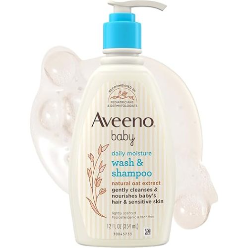Aveeno Baby Daily Moisture Gentle Baby Body Wash and Shampoo with Oat Extract, 2-in-1 Baby Wash and Hair Shampoo, Tear-Free, Paraben-Free for Sensitive Skin and Hair, Lightly Scented, 12 Fl Oz