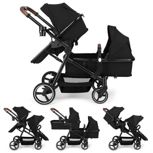 Vomeast Double Stroller for Infant and Toddlers, Foldable Twin Baby Strollers, Reversible Seat, 5-Point Harness, Adjustable Canopy & Reclining Seat, Black