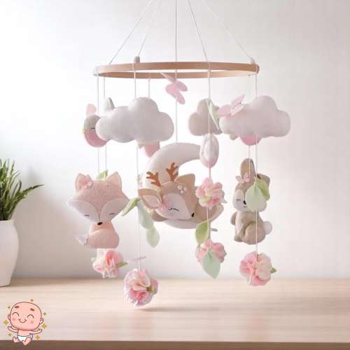 Handmade Baby Mobile with Moon, Clouds, Deer, Fox, Rabbit and Birds – Woodland Nursery Decor – Baby Shower or Newborn Gift