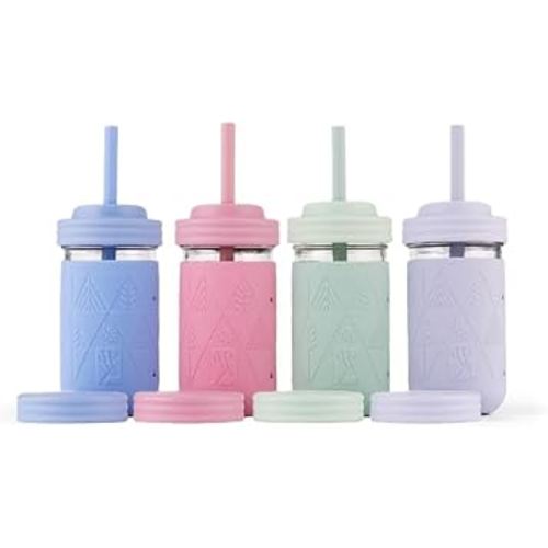 Elk and Friends Kids + Toddler Glass Cups | The Original 12oz Glass Mason Jar with Sleeves + Lids | Silicone Straws + Stopper | Smoothie Cup | Food Storage | Blush/Sage/MistyBlue/Lilac | 4 Pack