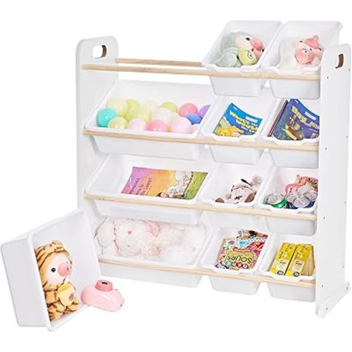 VECELO Kids Toy Storage Organizer with 12 Bins - Wooden Toy Shelf for Toddlers, Large Capacity Playroom Storage Rack for Books, Stuffed Animals, White