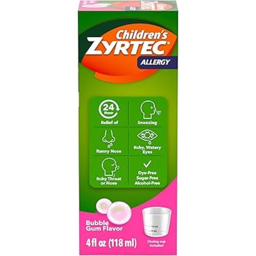Children's Zyrtec 24 Hour Allergy Relief Syrup, Cetirizine Hydrochloride Antihistamine, Allergy Medicine for Indoor & Outdoor Allergy Relief, Dye- & Sugar-Free, Bubble Gum, 4 fl. oz