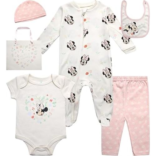 Disney Newborn Baby Girl Boy Clothes - 7 Piece Mickey Mouse Winnie the Pooh Bib Onesie Overall Beanie Pants Gift Bag Gift Set