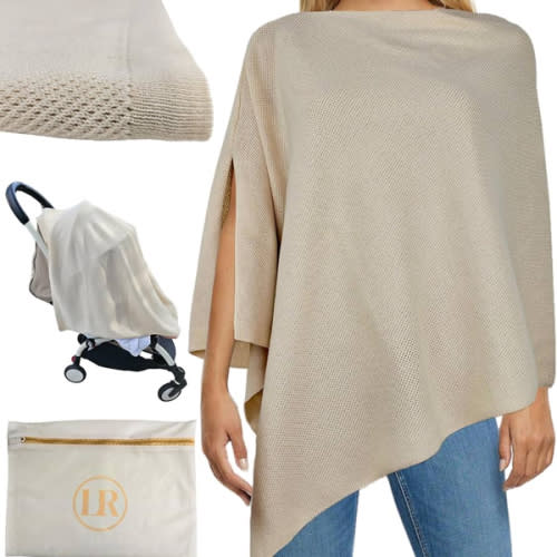 Little Rou Peekaboo Knit Breathable Nursing Cover Up For Breastfeeding - Soft Organic Cotton & Cashmere Breast Feeding Covers For Women - Privacy Feature - Includes Mesh Laundry Bag (Beige)