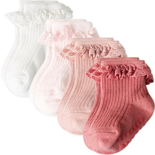AQOKKA Baby Girl Toddlers Socks with Non-slip Grip Cute Frilly Ruffle Ankle Soft Cotton Newborn Baby Socks for Infant Kids
