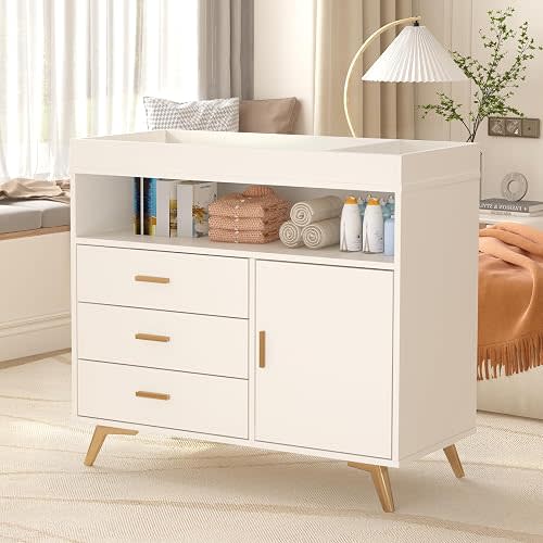 Baby Changing Table Dresser with Table Top, Wooden Diaper Changing Station with Safety Rails & Belt, Multi-Functional Nursery Dresser, 3 Drawers & Open Shelf, 3-Drawer Changer for Infants, White