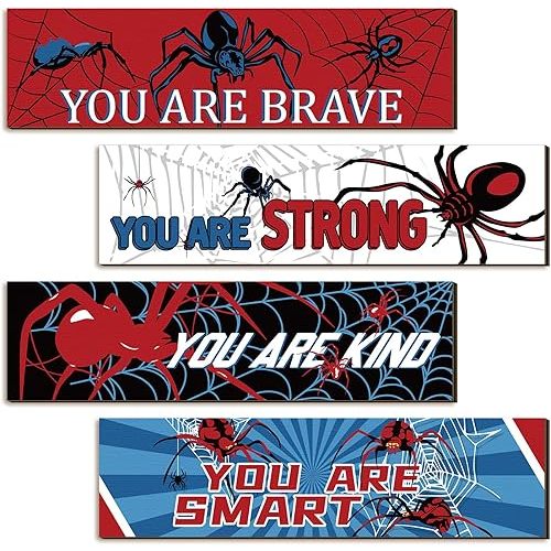 Geetery 4 Pcs Spider Room Decor Bedroom Boys Wall Decor Inspirational Wall Decoration Wooden Art Prints for Boys Kids Children Home Indoor Decoration Toddler Room Sign Birthday Gifts
