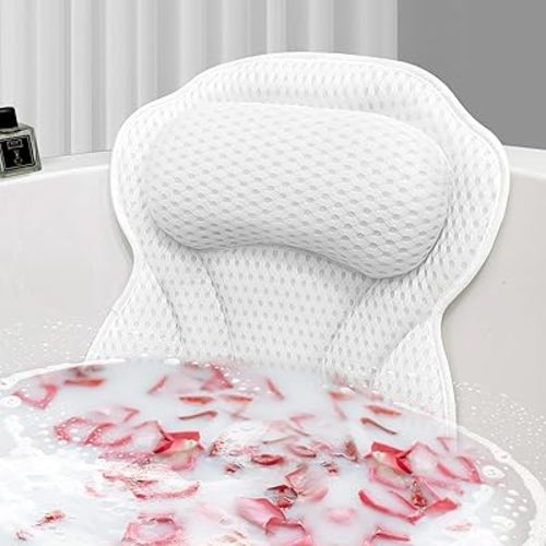 Bath Pillow for Bathtub, 4-Inch Thick Ergonomic Head Neck Support, 6 Strong Suction Cups, Breathable 4D Air Mesh – Machine Washable, Quick Dry, Luxury Spa Accessories (White, 17.3” x 16.7”)
