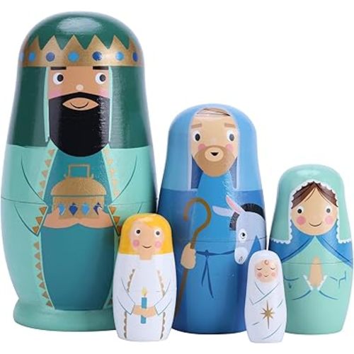 Yoption 5Pcs Russian Nestingdolls, Handmade Wooden Matryoshkadoll Jesus Nativity Nestingdoll Set for Christmas Easter Birthday Gift Party Home Decorations