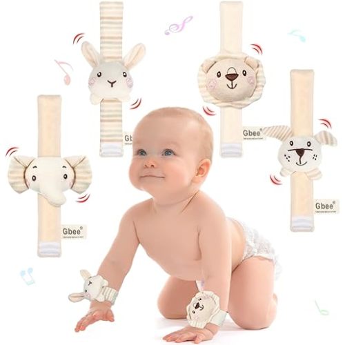 4 Pieces Baby Wrist Rattles Animal Pattern Newborn Rattle Foot Rattles Toy for Babies Boy Girl Infant Birthday Gifts Educational Toys, 4 Designs (Rabbit Dog Lion Elephant)