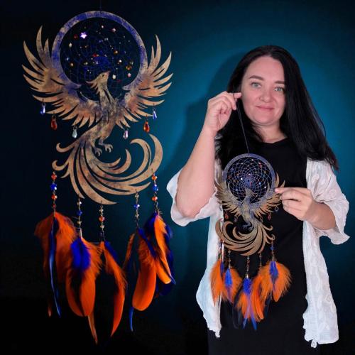 Handmade Phoenix Dreamcatcher – Blue & Orange Firebird Wall Hanging