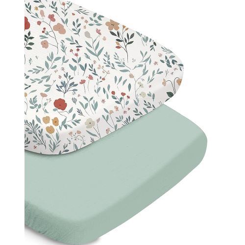 Bassinet Fitted Sheet Set - Soft Green Leaf+Flower, Universal Fit for Baby Boys and Girls, Compatible with Halo, Mika Micky, Baby Delight, and More