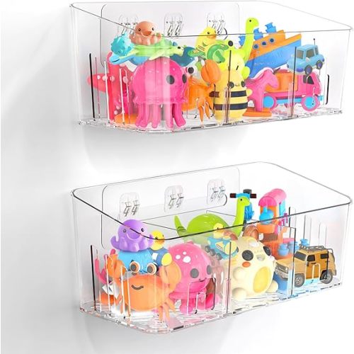 Bath Toy Storage 2 Packs, Large Bath Toy Holder - 3 Compartments, Quick-Dry | BPA-Free Bathtub Toy Organizer, Wall-Mounted Adhesive Shower Caddy, Bathroom Toy Basket & Bin for Baby, Toddler, Kids, Clear