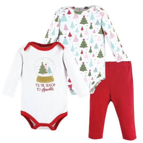 Hudson Baby Infant Girl Long-Sleeve Bodysuits and Pants, Red Sparkle Trees, 3-6 Months