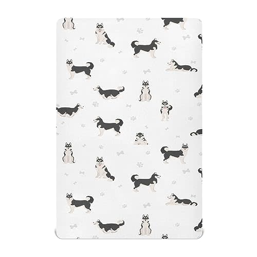 KICPOAY Fitted Crib Sheets Cute Dogs Siberian Husky Stretchy Portable Playard Sheets for Baby Toddler, Breathable Soft Mini Crib Mattress 39 x 27 in for Boys and Girls