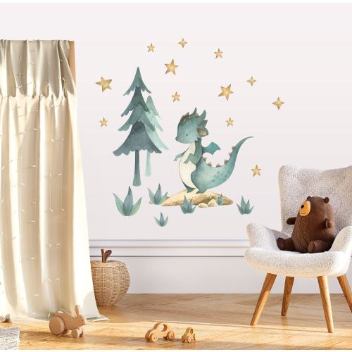 Dragon and Forest Wall Stickers – Fairy Tale Dragon with Trees and Stars | Scandinavian Style Nursery Wall Decals for Kids Room