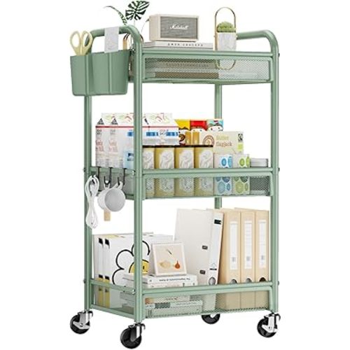 YASONIC 3 Tier Rolling Cart – Metal Utility Storage Cart with Wheels, Craft Cart Organizer with Hanging Cups, Hooks, Mesh Basket for Bedside Kitchen Office Art, Pink