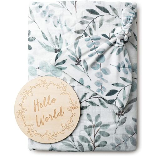 Miaoberry Organic Muslin Swaddle Blankets with Matching Hat and Wooden Hello World Newborn Sign | Eucalyptus Newborn Photography Props | Birth Announcement Sign