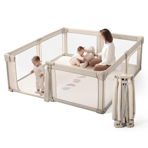 Baby Playpen Portable, Pre-Assembled Play Pen 71x79 Large Foldable Playpen for Babies and Toddlers, Sturdy and Safe Toddler Play Yard Indoor Outdoor with Carry Bag, Light Khaki