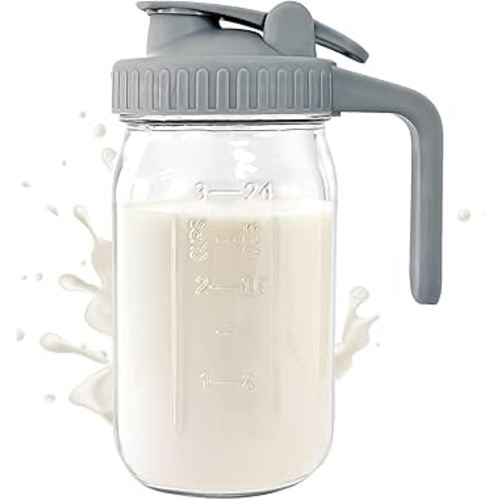 32 OZ Mason Jars with Lid, Glass Pitcher Double Leak Proof with Pour Spout Handle, 1 Quart Wide Mouth Breast Milk Pitcher for Fridge, Creamer Container for Coffee, Sun Tea, Juice (Grey)
