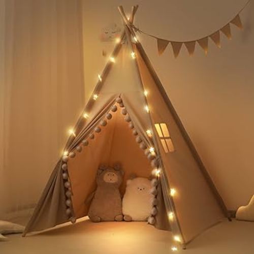 Kids Teepee Tent with Lights &Large Pompoms & Carry Bag, Machine Washable Tent for Kids Indoor, Toddler Teepee for Girls & Boys（Without Mat）