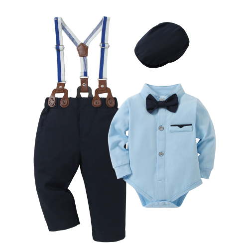 Baby Boy Clothes Suits 3-18 Month Outfit Formal Long Sleeve Romper Beret Hat Suspender Pants Wedding